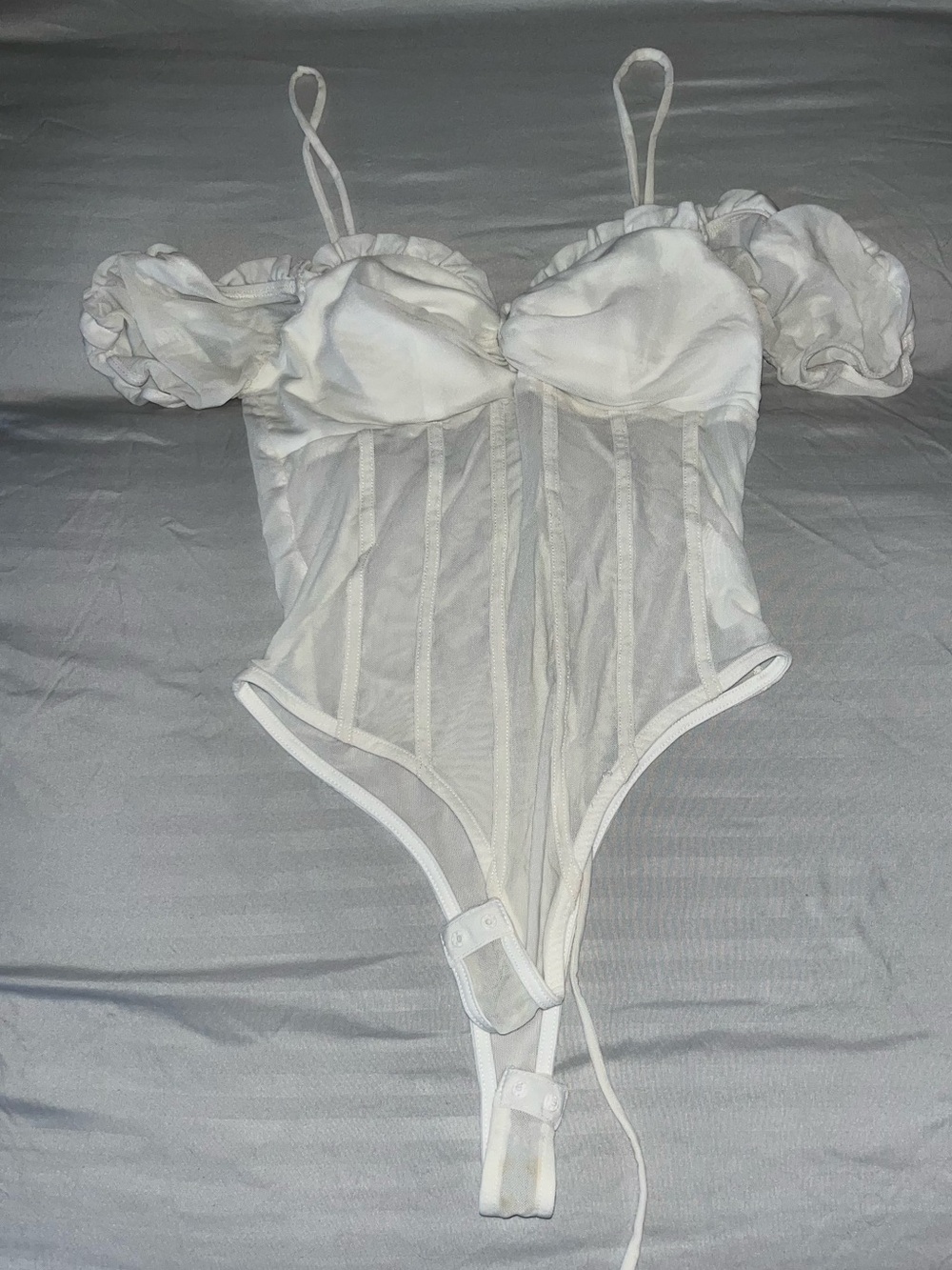 White Sheer Bustier Bodysuit with Puff Sleeves